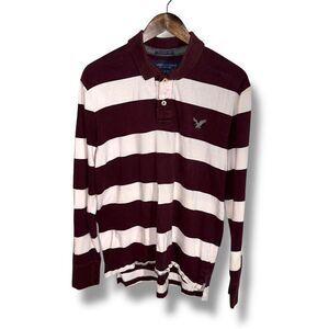 American Eagle Burgundy & White L/S Rugby Polo Shirt Sz L